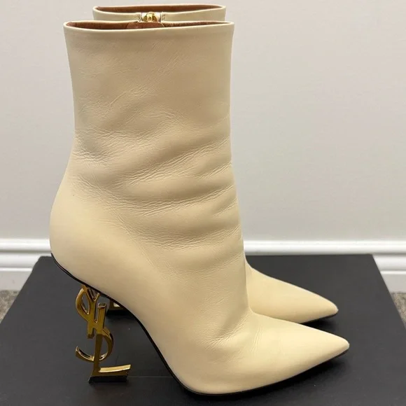 Saint Laurent Cream Leather Opyum Logo Heel Ankle Boots - Picture 1 of 9